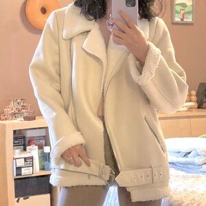 Zara White Sherpa Biker Jacket Medium